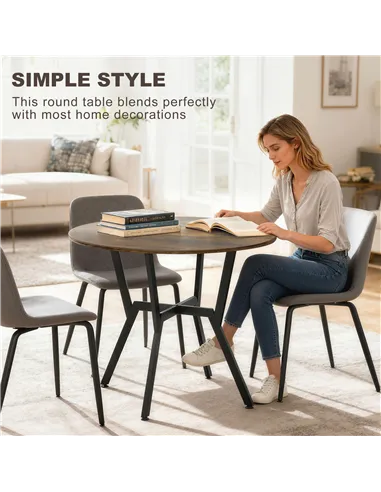 HOMCOM Dining Table, Round Kitchen Table with Black Legs, Anti-slip Foot Pads for Living Room, Dining Room 90 x 76 cm, Rustic Br