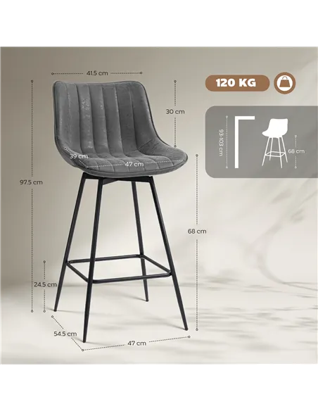 HOMCOM Set of 2 PU Leather Swivel Bar Stools - Grey