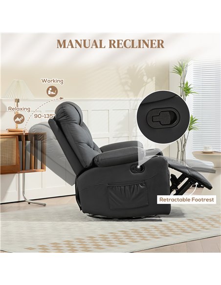 HOMCOM Manual Reclining Chair, Recliner Armchair with Swivel, Faux Leather, Footrest, Cup Holders, 86x93x102cm, Black