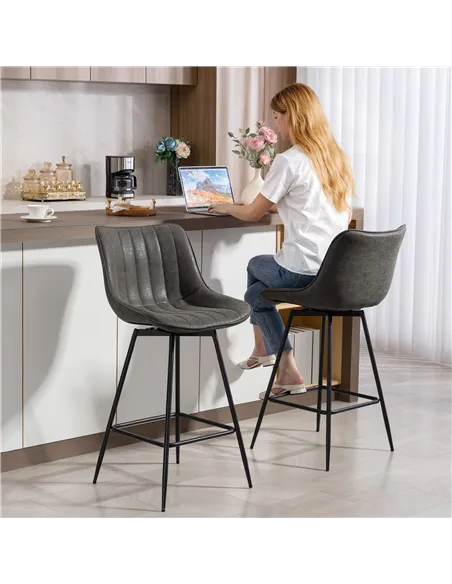 HOMCOM Set of 2 PU Leather Swivel Bar Stools - Grey