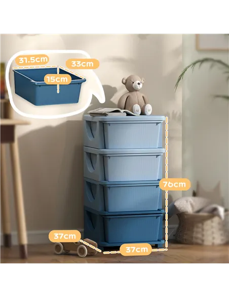 HOMCOM Four-Tier Kids Storage Boxes, with Four Drawers - Blue