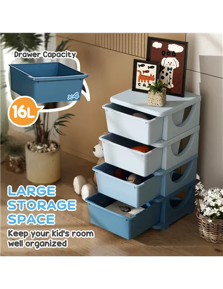HOMCOM Four-Tier Kids Storage Boxes, with Four Drawers - Blue