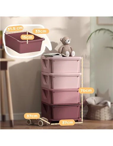HOMCOM Four-Tier Kids Storage Boxes, with Four Drawers, Pink