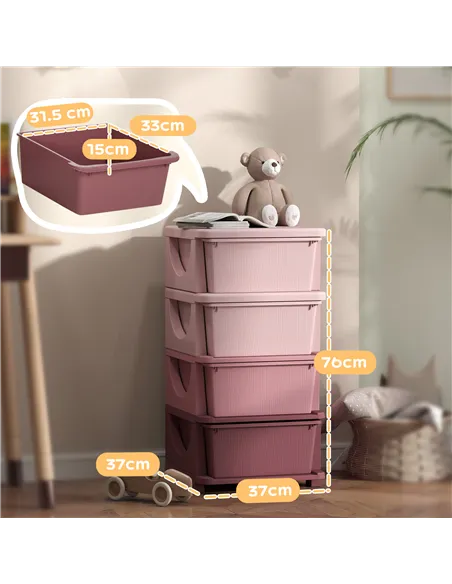 HOMCOM Four-Tier Kids Storage Boxes, with Four Drawers, Pink