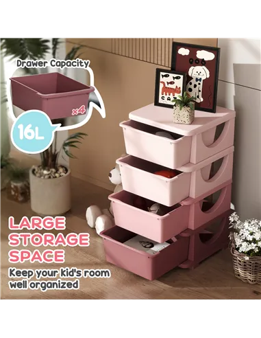 HOMCOM Four-Tier Kids Storage Boxes, with Four Drawers, Pink