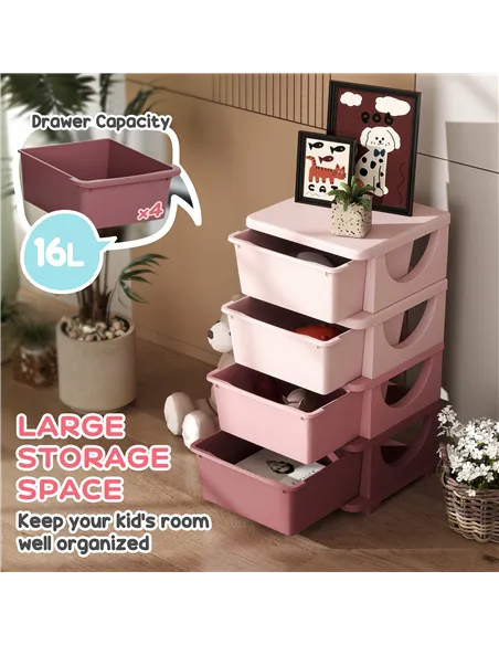 HOMCOM Four-Tier Kids Storage Boxes, with Four Drawers, Pink