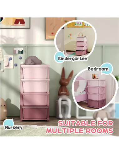 HOMCOM Four-Tier Kids Storage Boxes, with Four Drawers, Pink