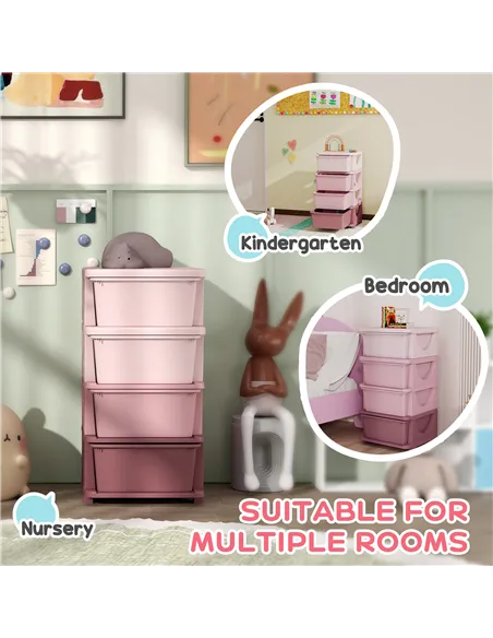 HOMCOM Four-Tier Kids Storage Boxes, with Four Drawers, Pink
