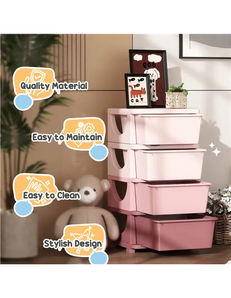 HOMCOM Four-Tier Kids Storage Boxes, with Four Drawers, Pink