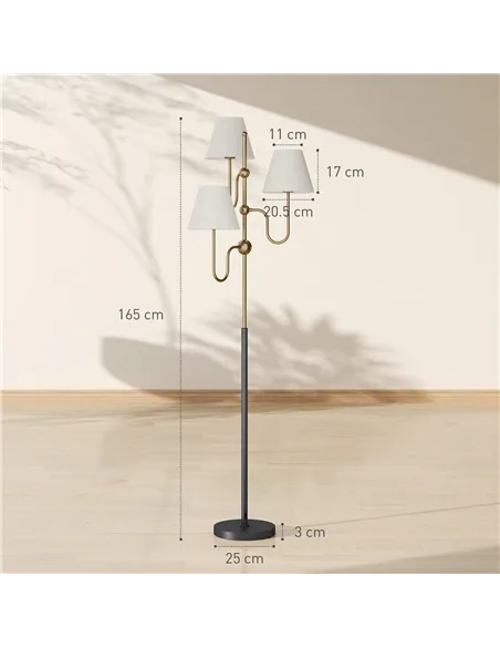 HOMCOM Floor Lamp, 165 cm Tall Standing Lamp with 3 Light and Foot Switch for Living Room, Bedroom, Bedside, Office, E27 Base Wi