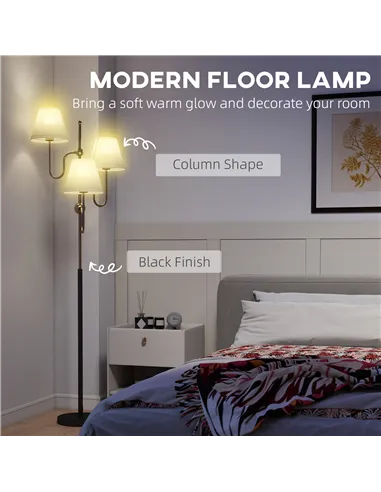 HOMCOM Floor Lamp, 165 cm Tall Standing Lamp with 3 Light and Foot Switch for Living Room, Bedroom, Bedside, Office, E27 Base Wi