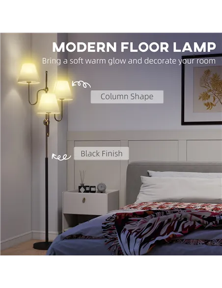 HOMCOM Floor Lamp, 165 cm Tall Standing Lamp with 3 Light and Foot Switch for Living Room, Bedroom, Bedside, Office, E27 Base Wi