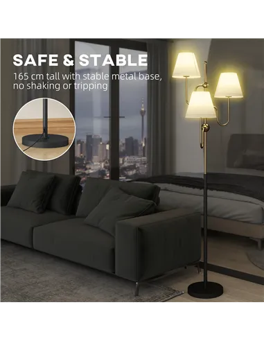 HOMCOM Floor Lamp, 165 cm Tall Standing Lamp with 3 Light and Foot Switch for Living Room, Bedroom, Bedside, Office, E27 Base Wi