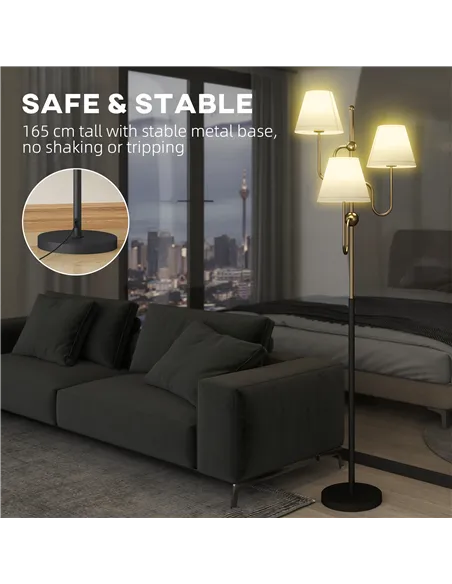 HOMCOM Floor Lamp, 165 cm Tall Standing Lamp with 3 Light and Foot Switch for Living Room, Bedroom, Bedside, Office, E27 Base Wi