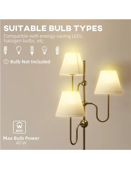 HOMCOM Floor Lamp, 165 cm Tall Standing Lamp with 3 Light and Foot Switch for Living Room, Bedroom, Bedside, Office, E27 Base Wi