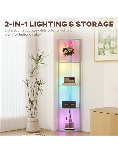 HOMCOM RGB LED Floor Lamp with Shelves, 5-Tier Dimmable Standing Lamp with Adjustable Brightness and Remote Control, Modern Corn