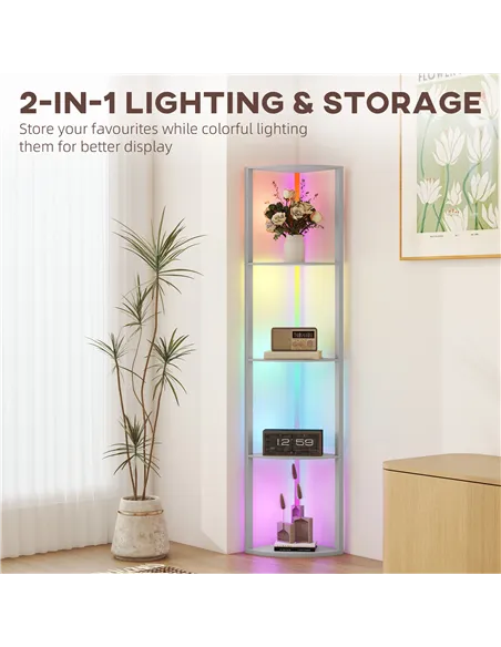 HOMCOM RGB LED Floor Lamp with Shelves, 5-Tier Dimmable Standing Lamp with Adjustable Brightness and Remote Control, Modern Corn