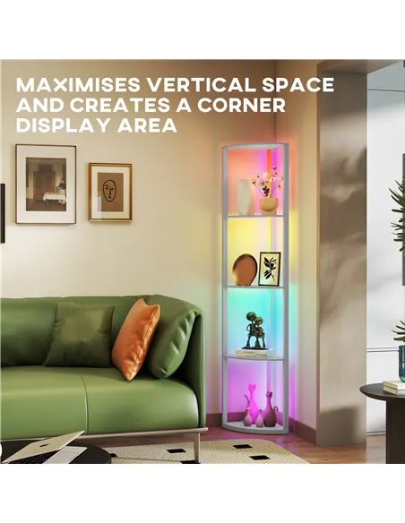 HOMCOM RGB LED Floor Lamp with Shelves, 5-Tier Dimmable Standing Lamp with Adjustable Brightness and Remote Control, Modern Corn