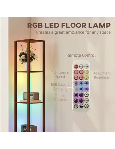 HOMCOM RGB LED Floor Lamp with Shelves, Modern Dimmable Standing Lamp with Remote Control, Adjustable Brightness & Speed for Liv