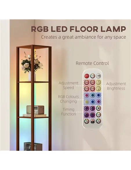 HOMCOM RGB LED Floor Lamp with Shelves, Modern Dimmable Standing Lamp with Remote Control, Adjustable Brightness & Speed for Liv