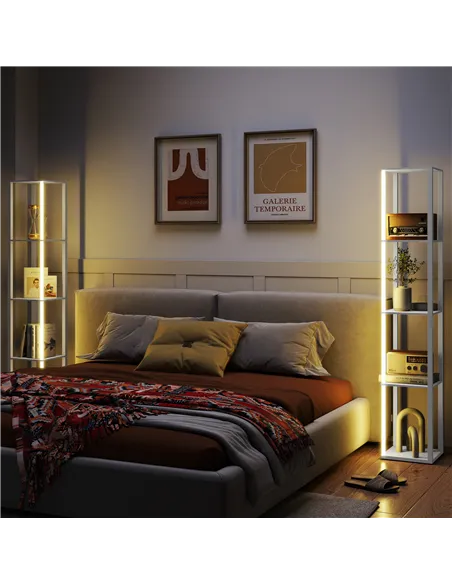 HOMCOM RGB LED Floor Lamp with Shelves, Modern Dimmable Standing Lamp with Remote Control, Adjustable Brightness & Speed for Liv