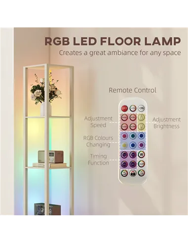 HOMCOM RGB LED Floor Lamp with Shelves, Modern Dimmable Standing Lamp with Remote Control, Adjustable Brightness & Speed for Liv