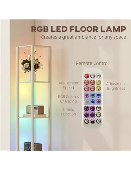 HOMCOM RGB LED Floor Lamp with Shelves, Modern Dimmable Standing Lamp with Remote Control, Adjustable Brightness & Speed for Liv
