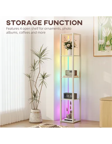 HOMCOM RGB LED Floor Lamp with Shelves, Modern Dimmable Standing Lamp with Remote Control, Adjustable Brightness & Speed for Liv