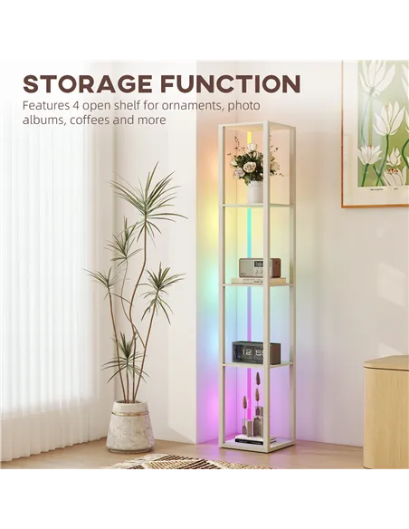 HOMCOM RGB LED Floor Lamp with Shelves, Modern Dimmable Standing Lamp with Remote Control, Adjustable Brightness & Speed for Liv