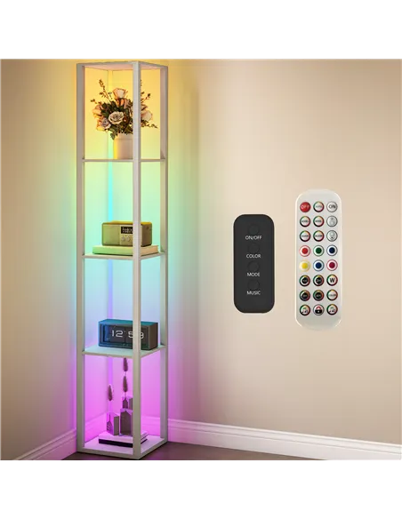 HOMCOM RGB LED Floor Lamp with Shelves, Modern Dimmable Standing Lamp with Remote Control, Adjustable Brightness & Speed for Liv