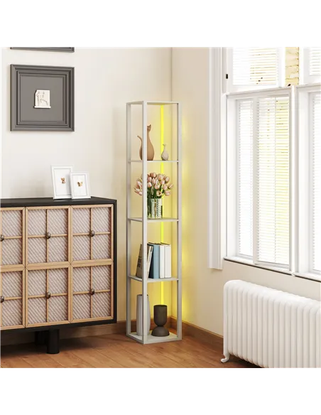 HOMCOM RGB LED Floor Lamp with Shelves, Modern Dimmable Standing Lamp with Remote Control, Adjustable Brightness & Speed for Liv