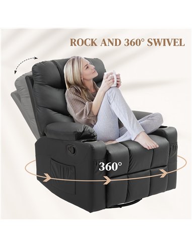 HOMCOM Manual Reclining Chair, Recliner Armchair with Swivel, Faux Leather, Footrest, Cup Holders, 86x93x102cm, Black