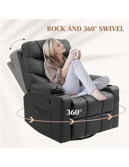 HOMCOM Manual Reclining Chair, Recliner Armchair with Swivel, Faux Leather, Footrest, Cup Holders, 86x93x102cm, Black