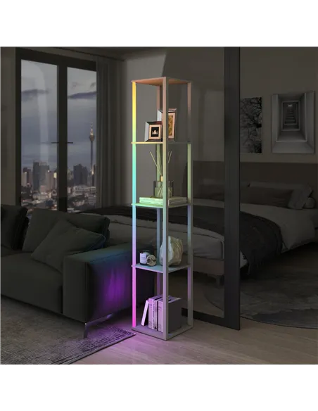 HOMCOM RGB LED Floor Lamp with Shelves, Modern Dimmable Standing Lamp with Remote Control, Adjustable Brightness & Speed for Liv