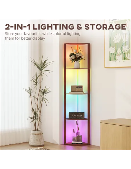 HOMCOM RGB Standing Lamp with Shelves, 4-Tier LED Floor Lamp with Multiple Lighting Modes, Brown