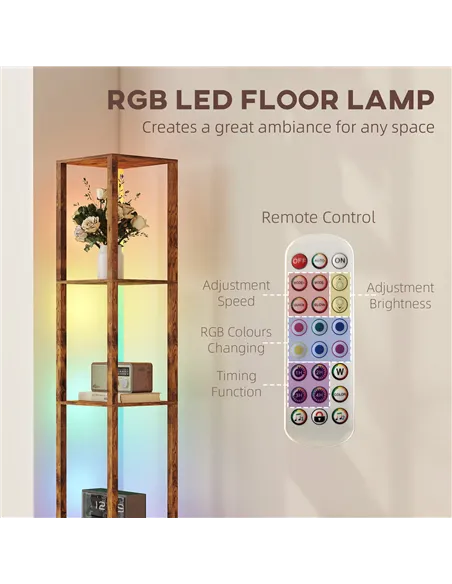 HOMCOM RGB LED Floor Lamp with Shelves, Modern Dimmable Standing Lamp with Remote Control, Adjustable Brightness & Speed for Liv
