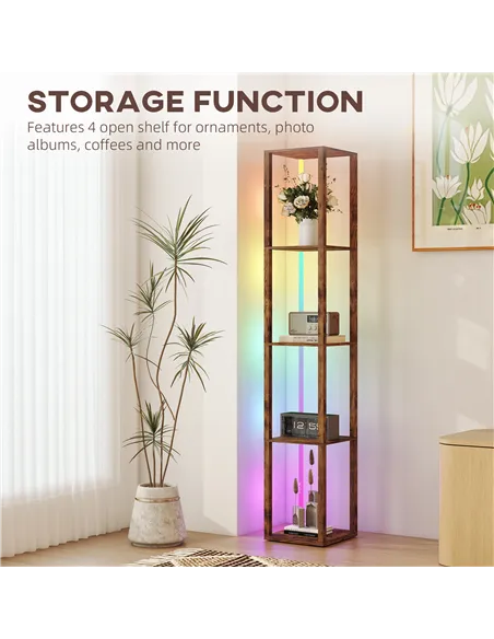 HOMCOM RGB LED Floor Lamp with Shelves, Modern Dimmable Standing Lamp with Remote Control, Adjustable Brightness & Speed for Liv