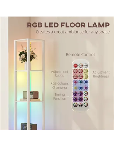HOMCOM RGB LED Floor Lamp with Shelves, Modern Dimmable Standing Lamp with Remote Control, Adjustable Brightness & Speed for Liv