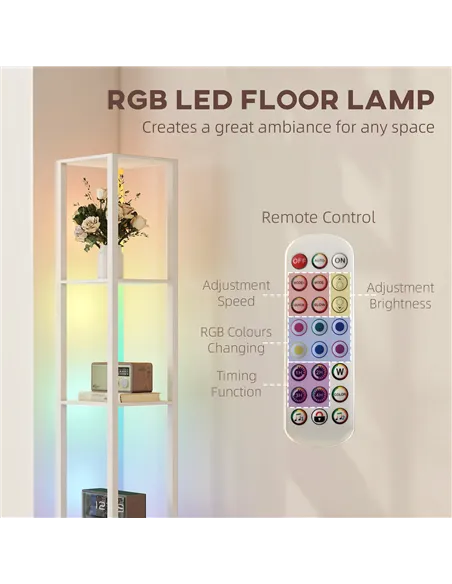 HOMCOM RGB LED Floor Lamp with Shelves, Modern Dimmable Standing Lamp with Remote Control, Adjustable Brightness & Speed for Liv