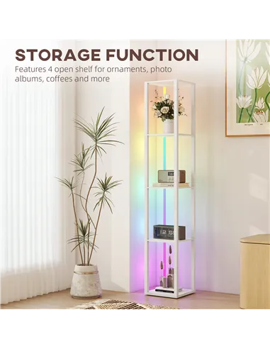 HOMCOM RGB LED Floor Lamp with Shelves, Modern Dimmable Standing Lamp with Remote Control, Adjustable Brightness & Speed for Liv