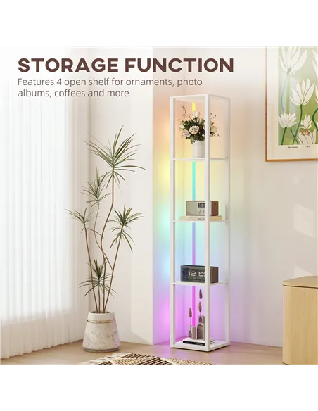 HOMCOM RGB LED Floor Lamp with Shelves, Modern Dimmable Standing Lamp with Remote Control, Adjustable Brightness & Speed for Liv