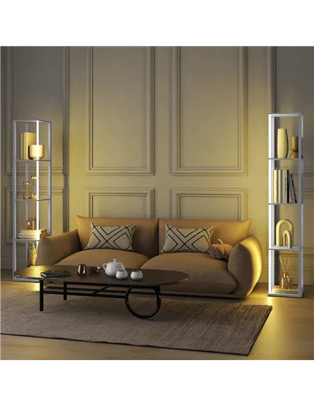 HOMCOM RGB LED Floor Lamp with Shelves, Modern Dimmable Standing Lamp with Remote Control, Adjustable Brightness & Speed for Liv