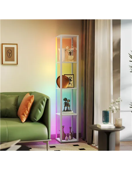 HOMCOM RGB LED Floor Lamp with Shelves, Modern Dimmable Standing Lamp with Remote Control, Adjustable Brightness & Speed for Liv