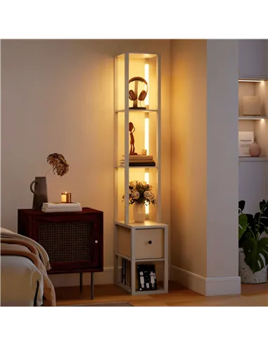 HOMCOM Floor Lamp with Shelves, LED Column Modern Standing Lamp with Fabric Drawer, Adjustable Brightness, Foot Switch for Livin