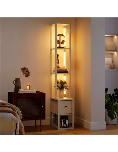 HOMCOM Floor Lamp with Shelves, LED Column Modern Standing Lamp with Fabric Drawer, Adjustable Brightness, Foot Switch for Livin