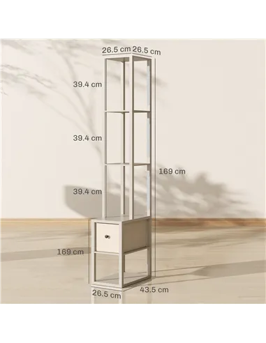 HOMCOM Floor Lamp with Shelves, LED Column Modern Standing Lamp with Fabric Drawer, Adjustable Brightness, Foot Switch for Livin