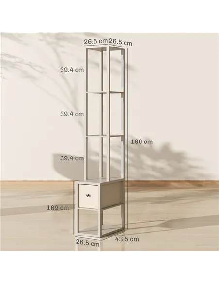 HOMCOM Floor Lamp with Shelves, LED Column Modern Standing Lamp with Fabric Drawer, Adjustable Brightness, Foot Switch for Livin