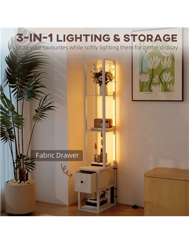 HOMCOM Floor Lamp with Shelves, LED Column Modern Standing Lamp with Fabric Drawer, Adjustable Brightness, Foot Switch for Livin