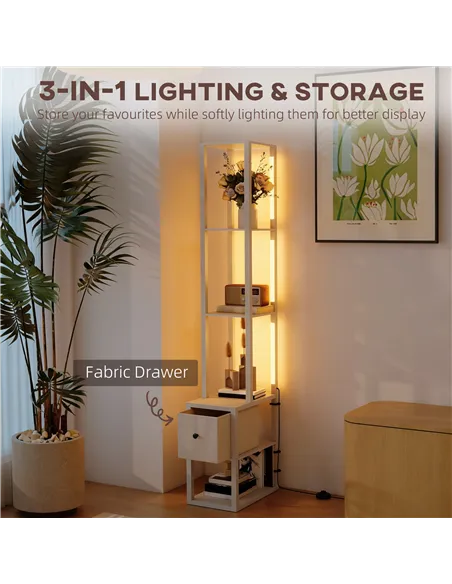 HOMCOM Floor Lamp with Shelves, LED Column Modern Standing Lamp with Fabric Drawer, Adjustable Brightness, Foot Switch for Livin
