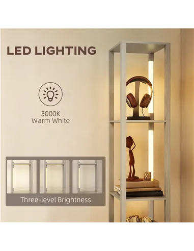 HOMCOM Floor Lamp with Shelves, LED Column Modern Standing Lamp with Fabric Drawer, Adjustable Brightness, Foot Switch for Livin